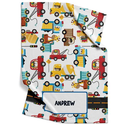 Construction toys baby blanket personalized with custom name in fun fleece for boys
