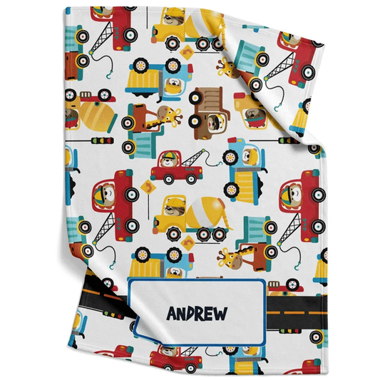 Construction toys baby blanket personalized with custom name in fun fleece for boys
