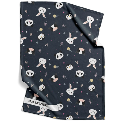 Cute animals baby blanket personalized with custom name in fun soft fleece design

