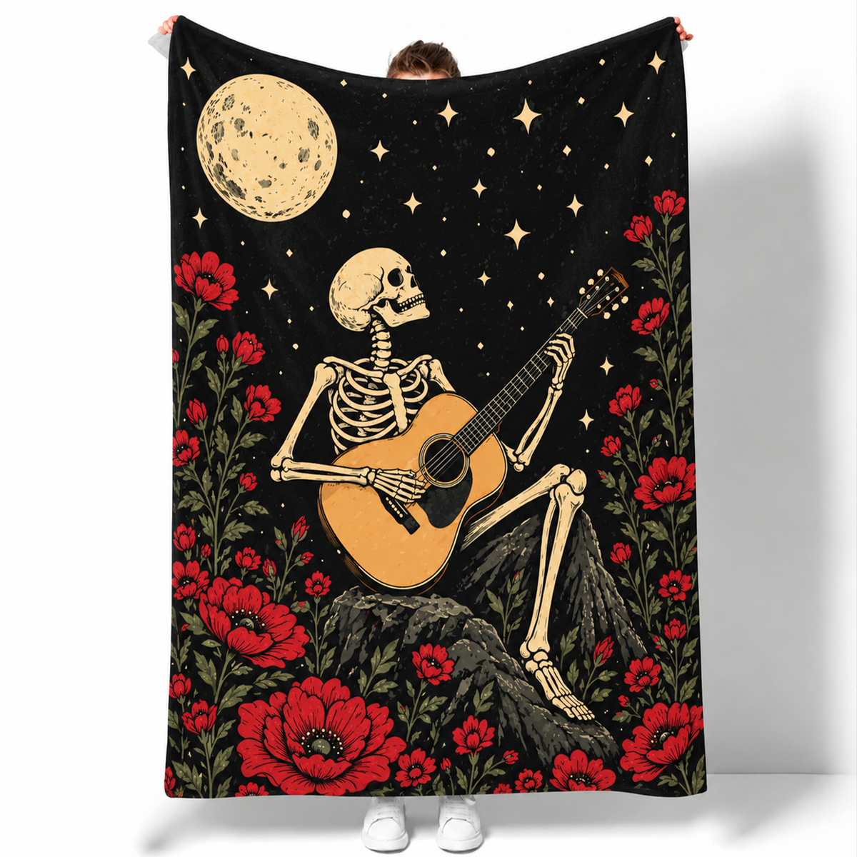 Skeleton Guitar Halloween Throw Blanket | Gothic Floral Music Decor Gift