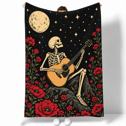 Skeleton Guitar Halloween Throw Blanket | Gothic Floral Music Decor Gift