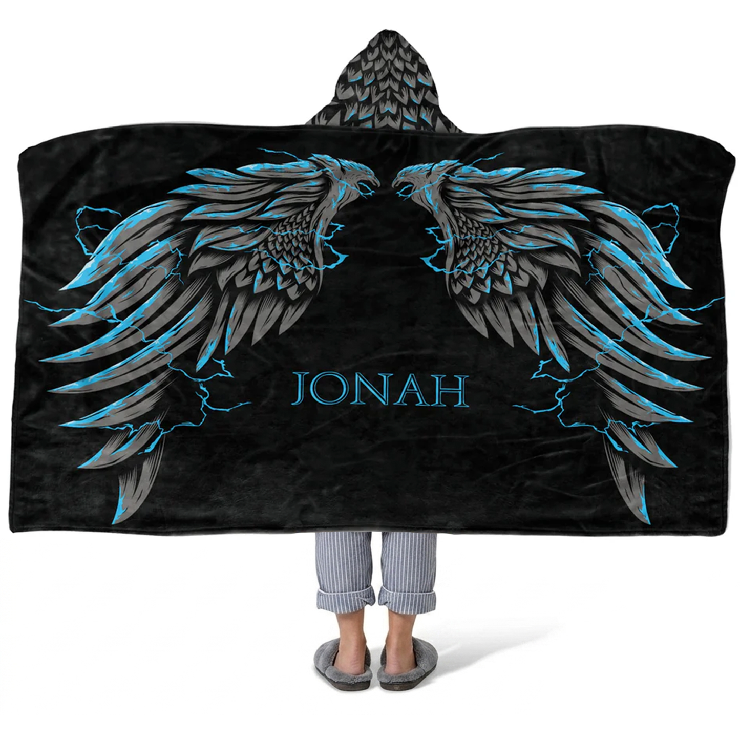Griffin wings personalized hooded fleece blanket with custom name in bold fantasy design

