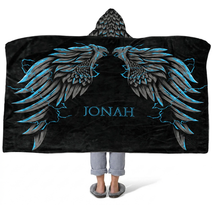 Griffin wings personalized hooded fleece blanket with custom name in bold fantasy design
