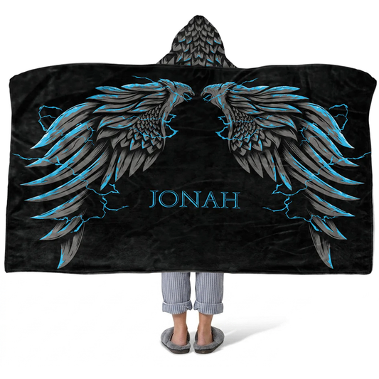 Griffin wings personalized hooded fleece blanket with custom name in bold fantasy design
