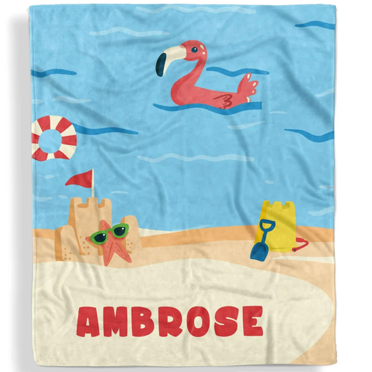 Sandy beach shore kids throw blanket personalized with custom name in summer fleece

