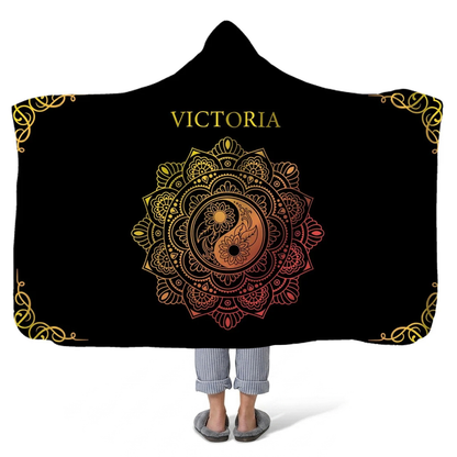gold lotus personalized hooded fleece blanket with custom name in elegant spiritual design
