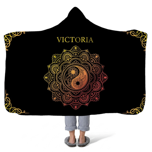 gold lotus personalized hooded fleece blanket with custom name in elegant spiritual design
