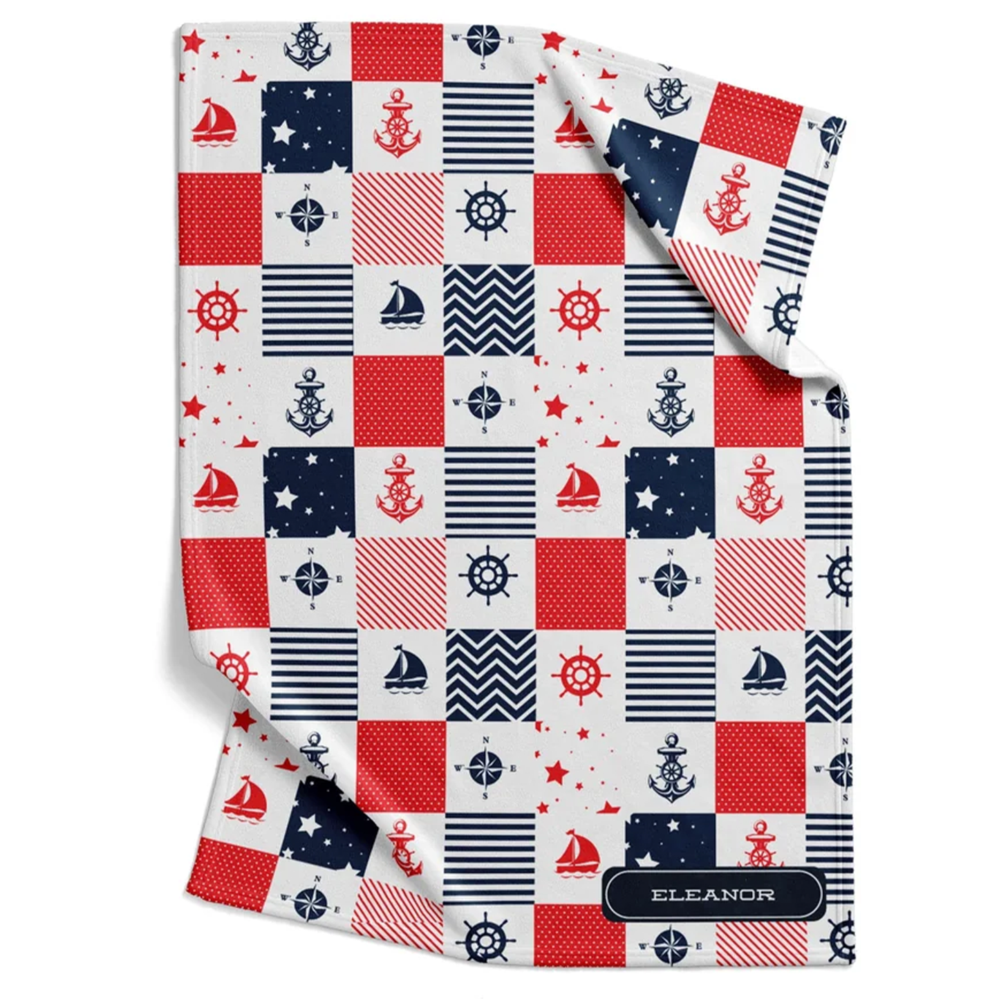 Sailor baby blanket personalized with custom name in nautical blue red fleece for boys
