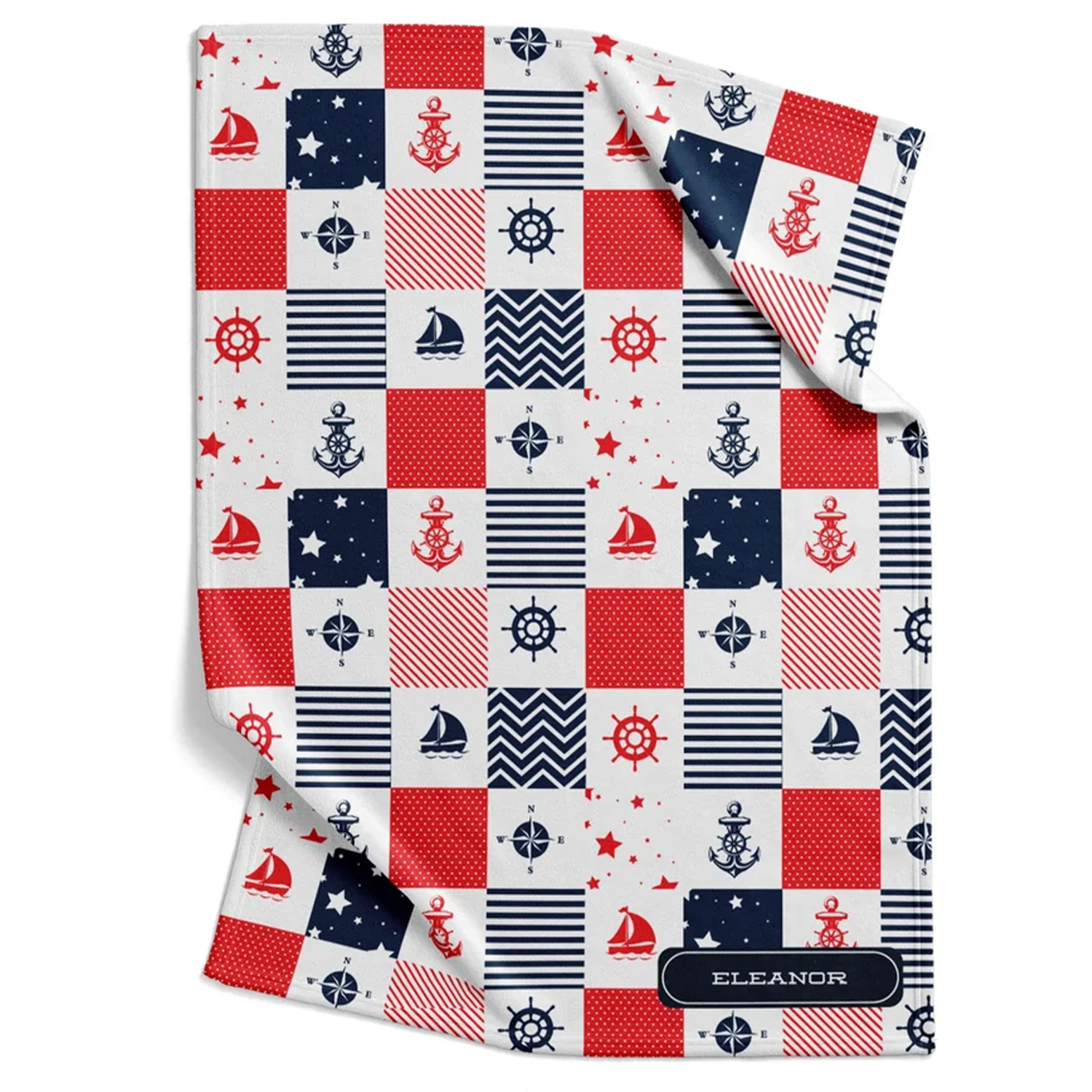 Sailor baby blanket personalized with custom name in nautical blue red fleece for boys
