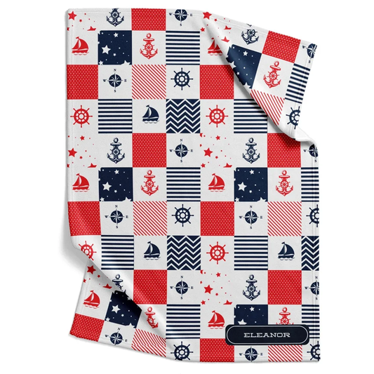 Sailor baby blanket personalized with custom name in nautical blue red fleece for boys

