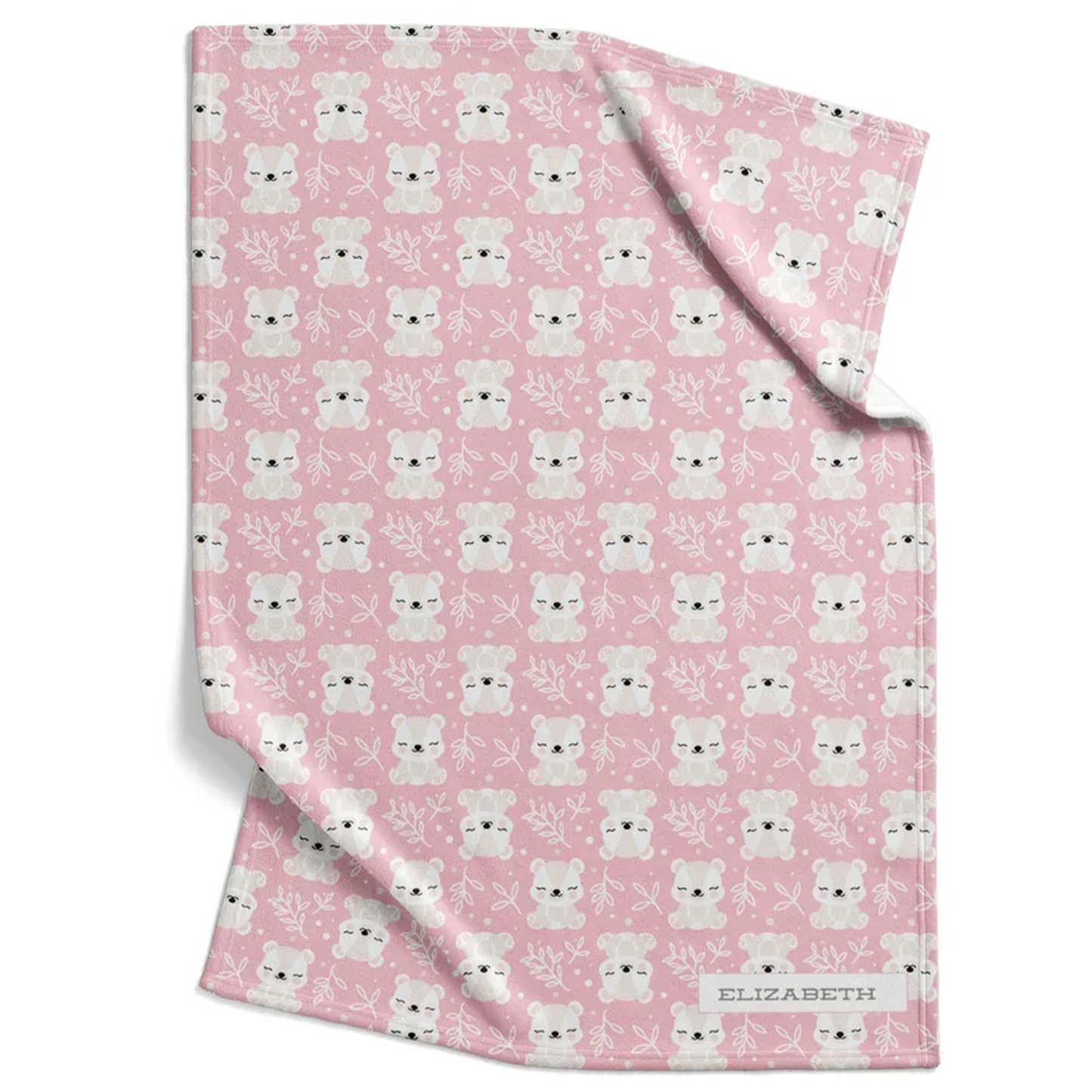 Smiling bear baby blanket personalized with custom name in sweet pink fleece for girls
