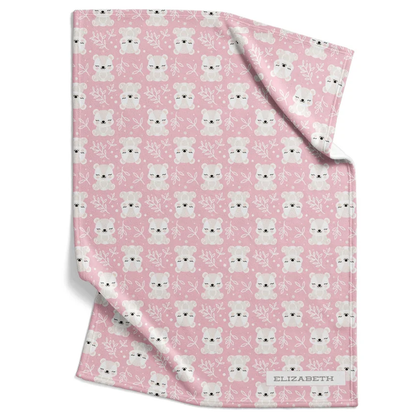 Smiling bear baby blanket personalized with custom name in sweet pink fleece for girls
