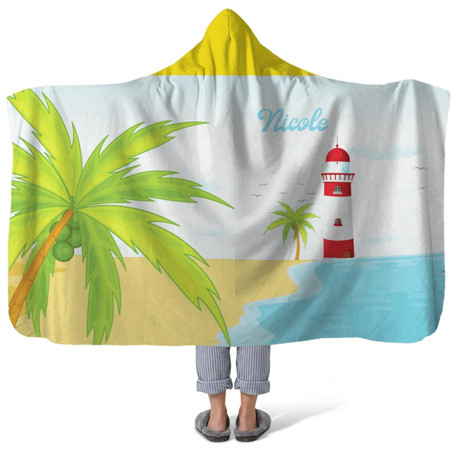 south beach personalized hooded fleece blanket with custom name in coastal fun design
