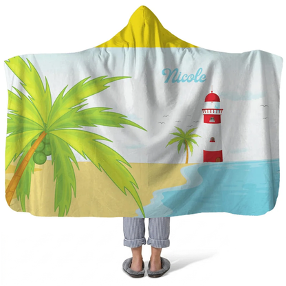 south beach personalized hooded fleece blanket with custom name in coastal fun design
