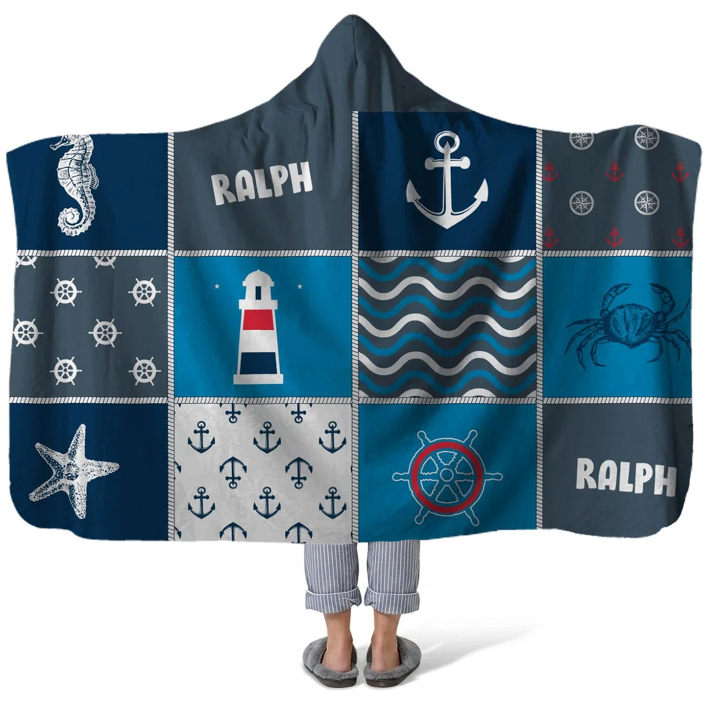 sea grid personalized hooded fleece blanket with custom name in clean nautical design
