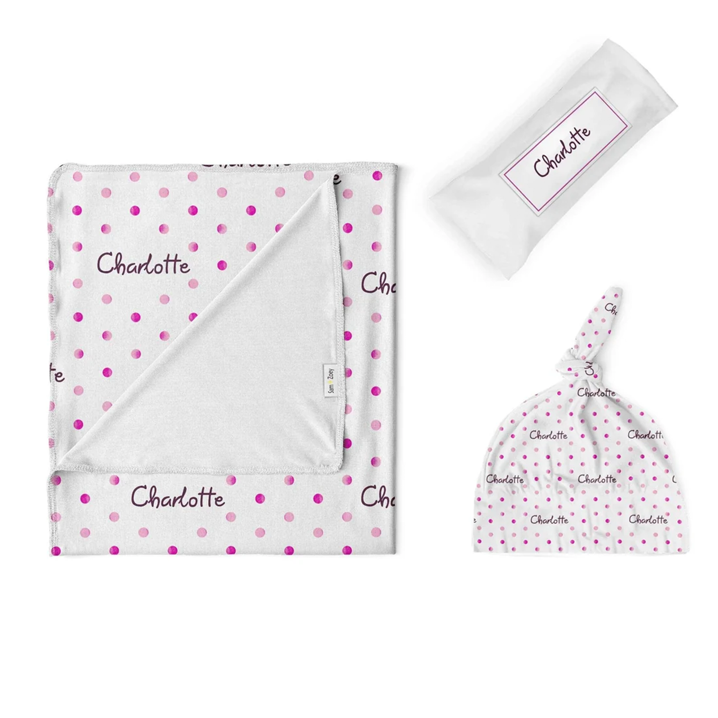 Watercolor polka dot baby swaddle set personalized with custom name for newborns
