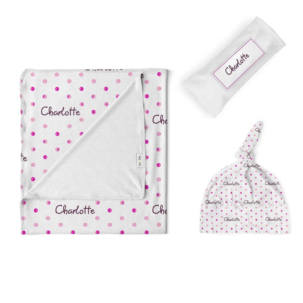 Watercolor polka dot baby swaddle set personalized with custom name for newborns
