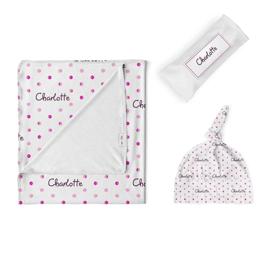 Watercolor polka dot baby swaddle set personalized with custom name for newborns
