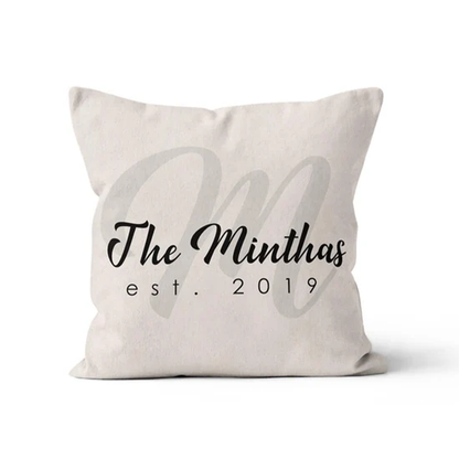 Custom wedding monogram on cotton throw pillow as meaningful gift for newlyweds
