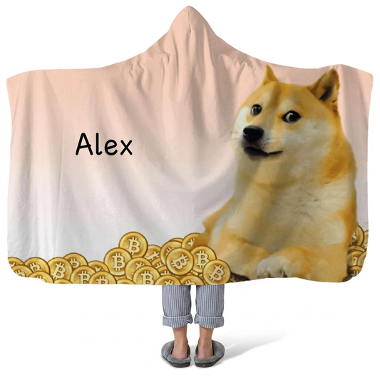 Dogecoin Shiba Inu v2 personalized hooded blanket with custom name for crypto lovers
