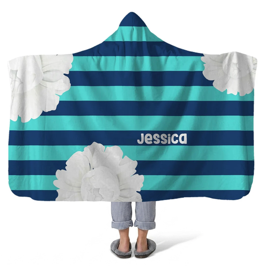 bloom personalized hooded fleece blanket with custom name in beautiful floral design
