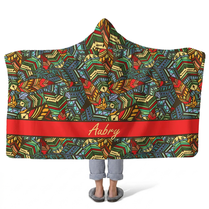 bohemian rhapsody personalized hooded fleece blanket with custom name in vibrant boho design
