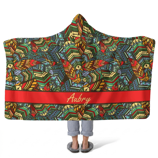 bohemian rhapsody personalized hooded fleece blanket with custom name in vibrant boho design
