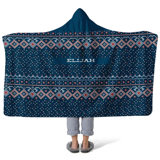 Blue Christmas sweater personalized hooded fleece blanket with custom name for holidays
