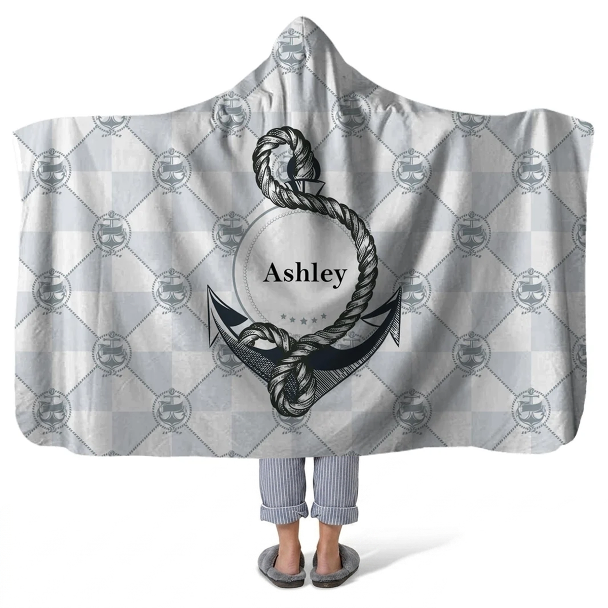 anchor personalized hooded fleece blanket with custom name in classic nautical design
