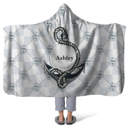 anchor personalized hooded fleece blanket with custom name in classic nautical design
