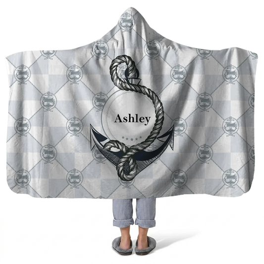 anchor personalized hooded fleece blanket with custom name in classic nautical design
