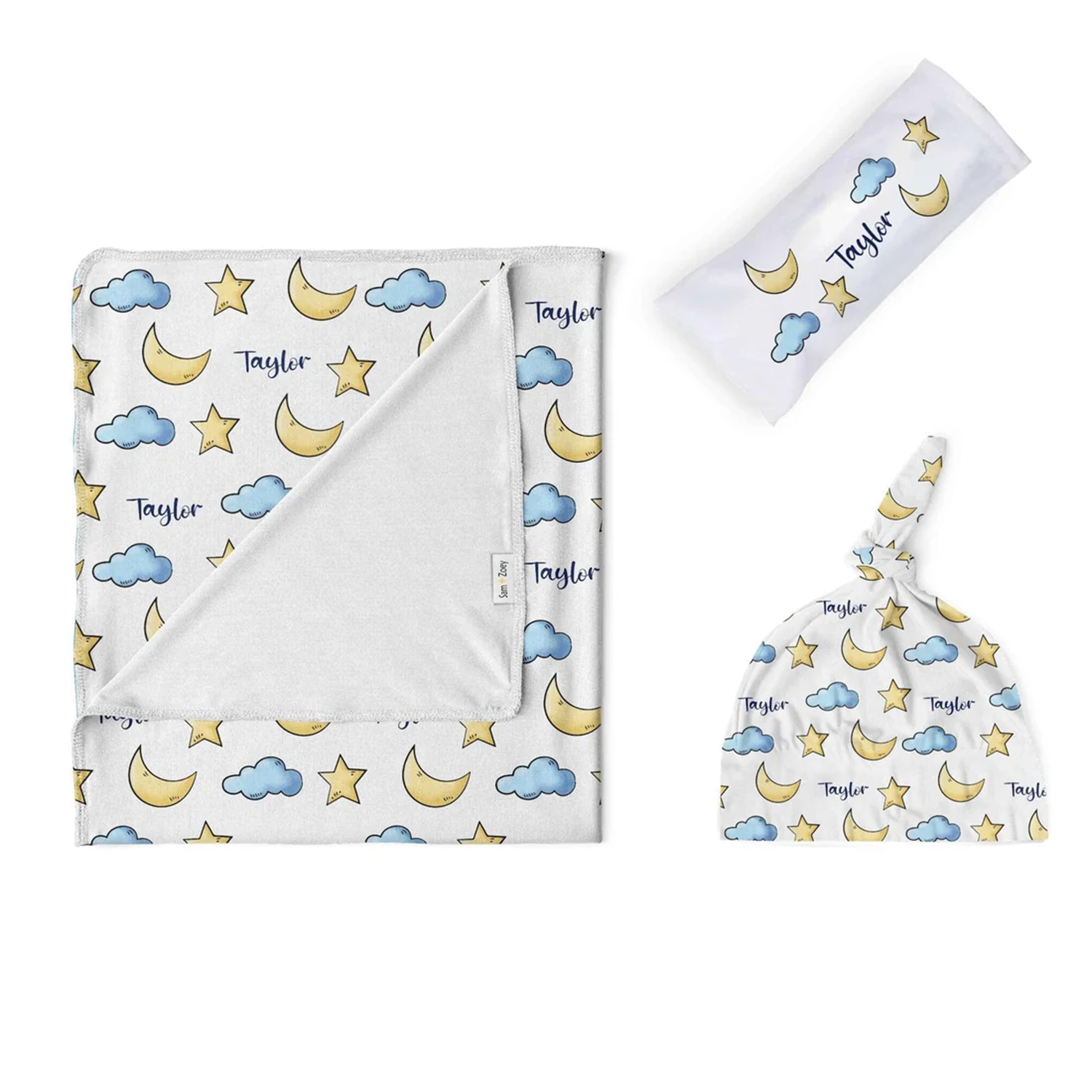 Moon and stars baby swaddle set personalized with custom name for newborns
