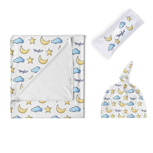 Moon and stars baby swaddle set personalized with custom name for newborns
