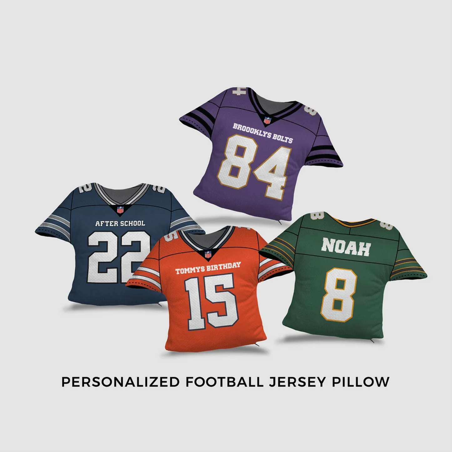Football jersey personalized throw pillow with custom name number and team design
