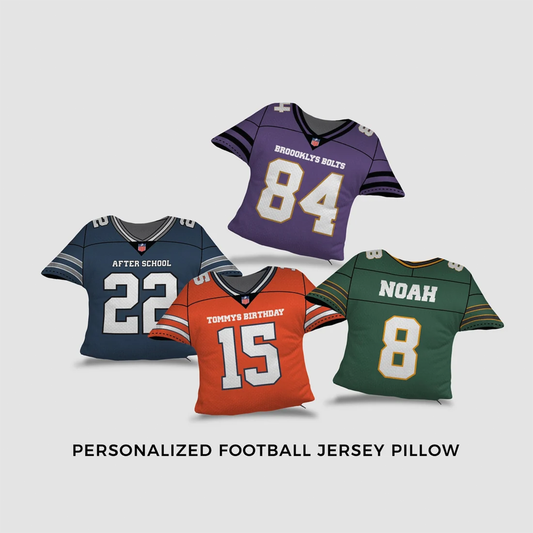 Football jersey personalized throw pillow with custom name number and team design
