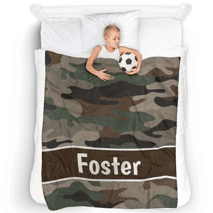 Custom name on camouflage polyester fleece throw blanket for outdoorsy kids and boys
