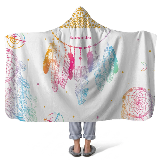 Dream catcher personalized hooded fleece blanket with custom name in spiritual design
