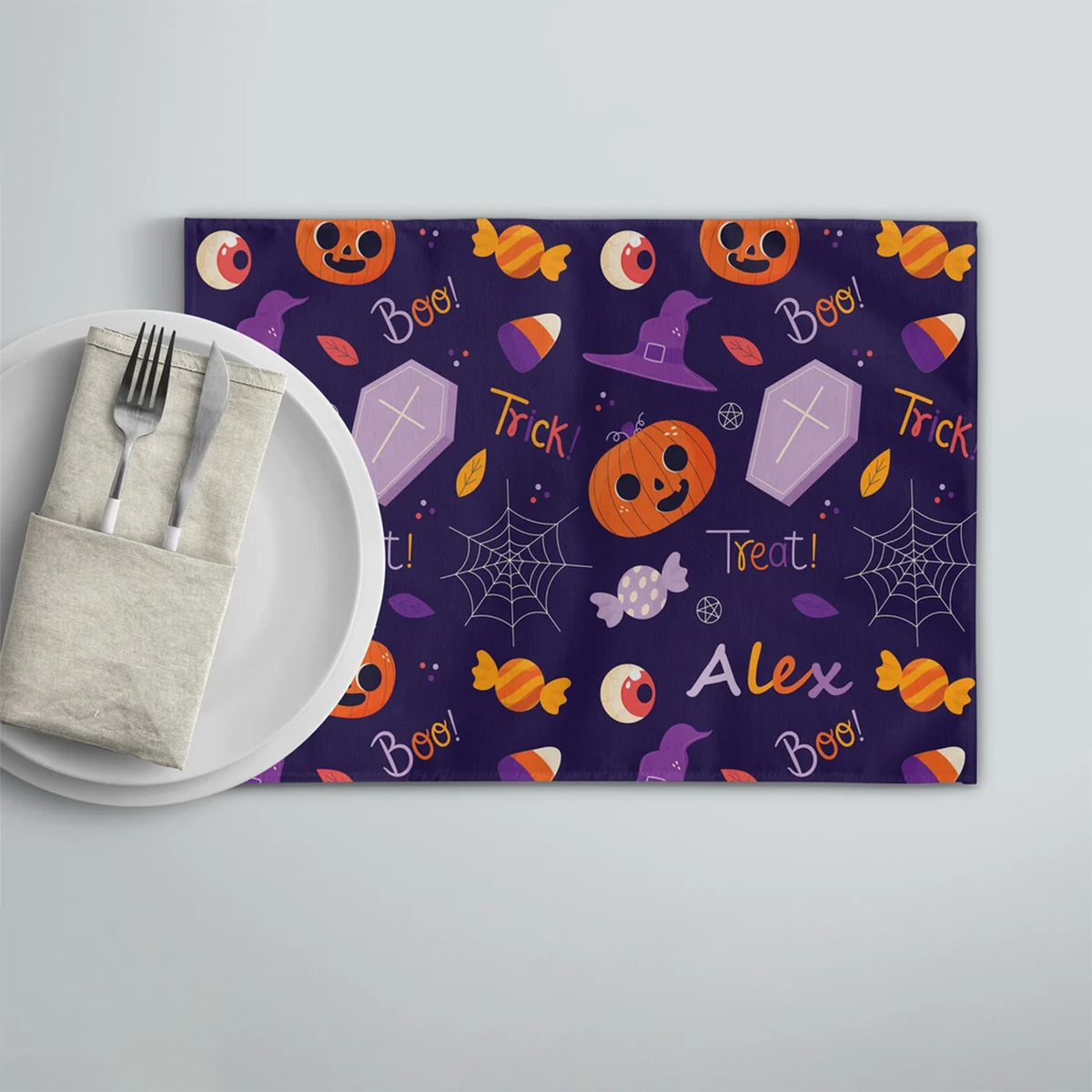 Personalized Halloween trick or treat placemat as seasonal dinner gift for party hosts
