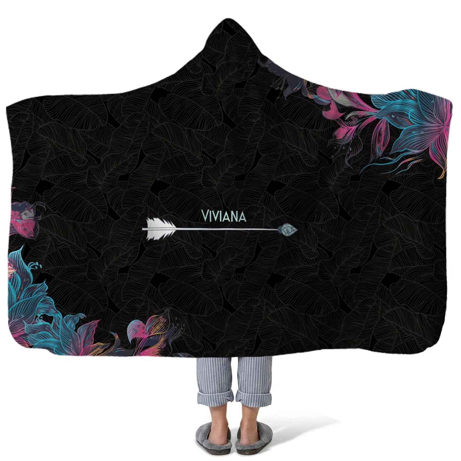 neon boho arrow personalized hooded fleece blanket with custom name in vibrant boho design
