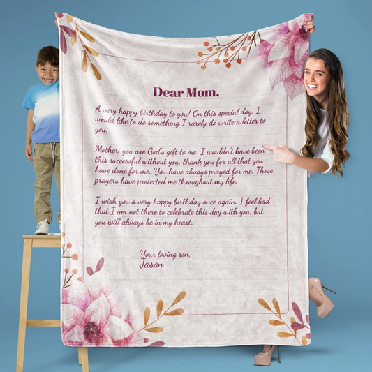 Letter pink floral personalized throw blanket with custom message in elegant fleece
