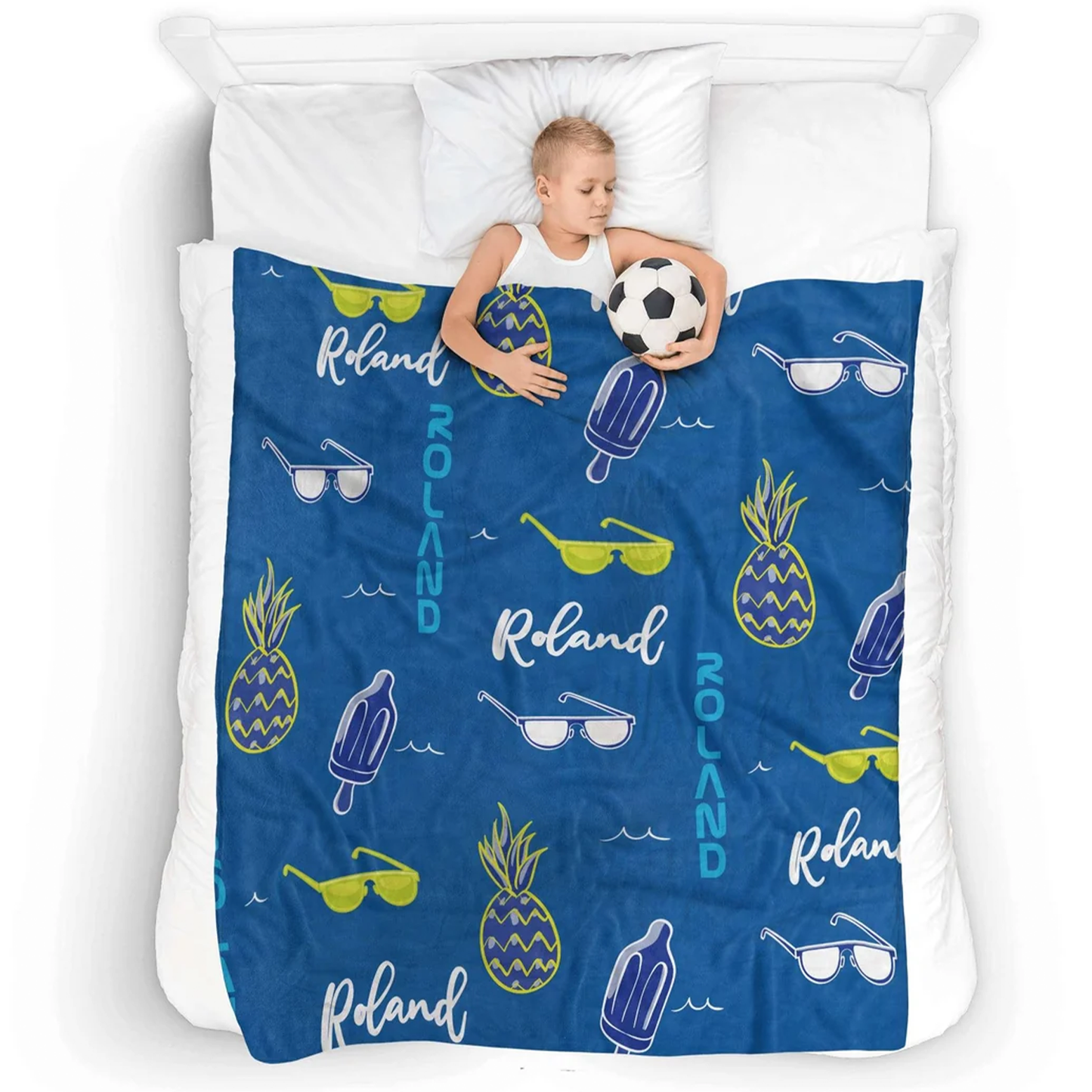 Close-up of custom name on summery print kids polyester fleece throw blanket

