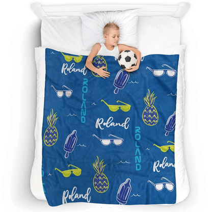 Close-up of custom name on summery print kids polyester fleece throw blanket
