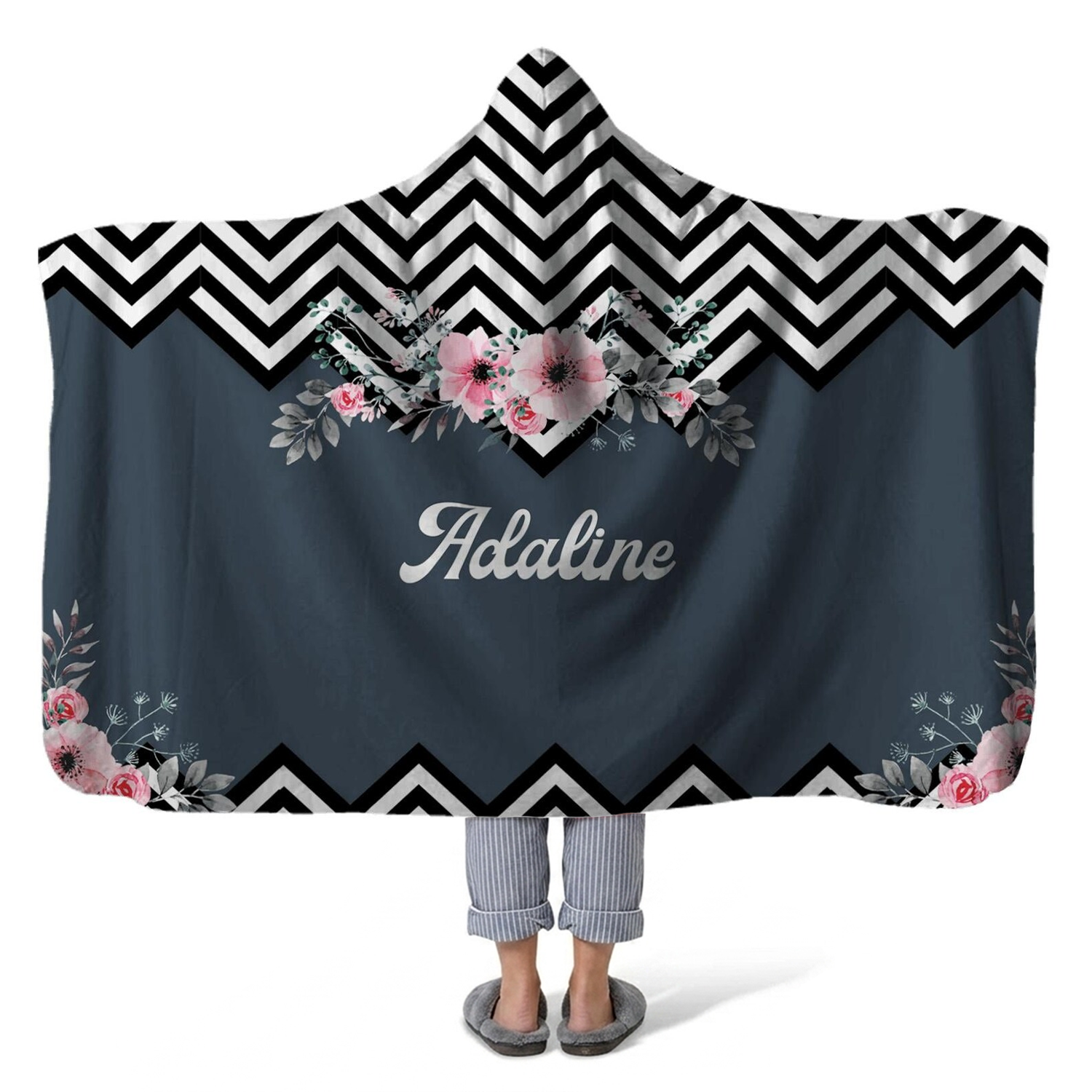 Deco eco personalized hooded fleece blanket with custom name in botanical nature design
