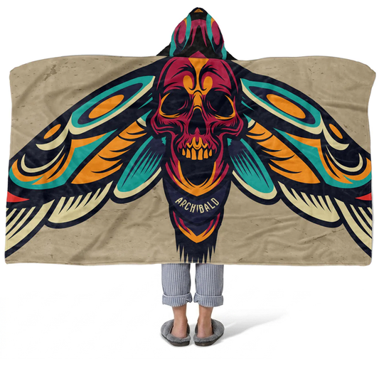 Moth wings and skull personalized hooded fleece blanket with custom name in gothic design
