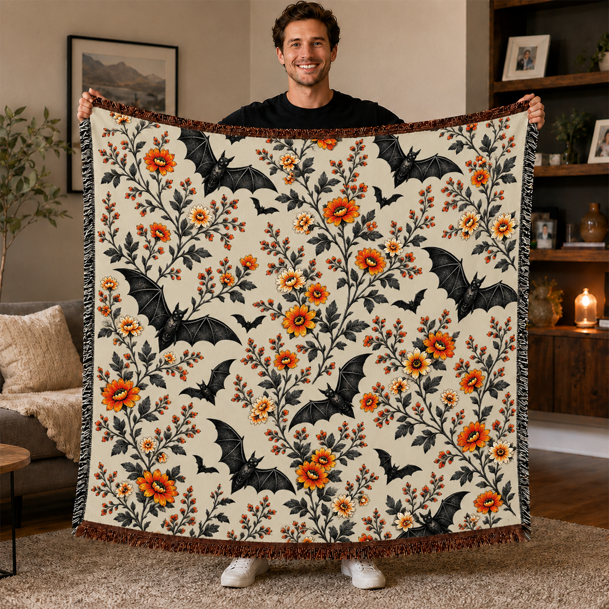 Neutral Bat Halloween Woven Throw Blanket | Boho Fall Home Decor Gift