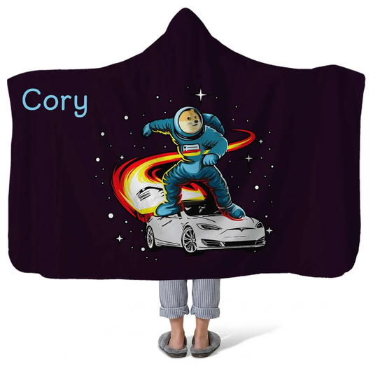 Dogecoin space surf personalized hooded fleece blanket with custom name for crypto fans
