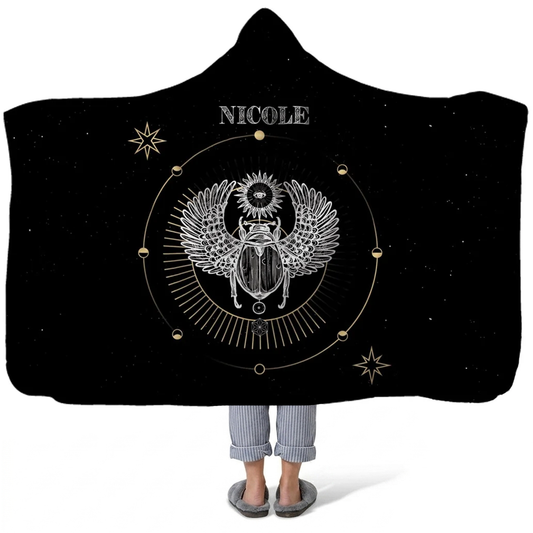 scarab personalized hooded fleece blanket with custom name in mystical artistic design
