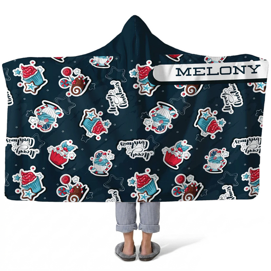 Merry Christmas sweets personalized hooded blanket with custom name in festive design
