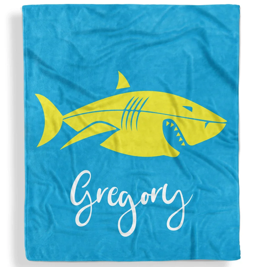Flat shark kids throw blanket personalized with custom name in funny fleece design

