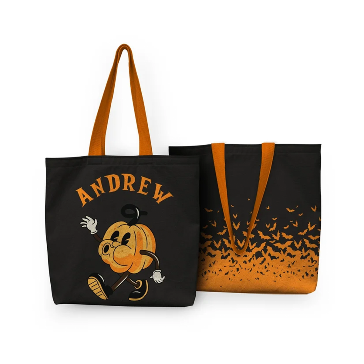 Halloween pumpkin personalized tote bag with custom name in fun retro seasonal design
